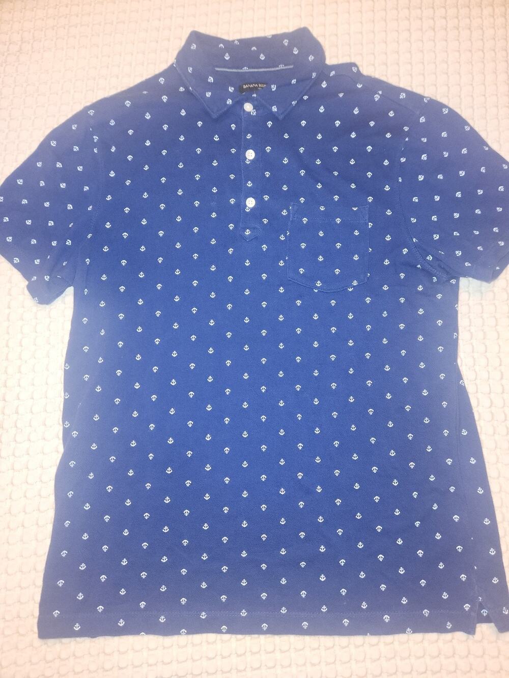 Men's Banana Republic Blue Nautical Tropical Boat Vacation Polo Collar Short...